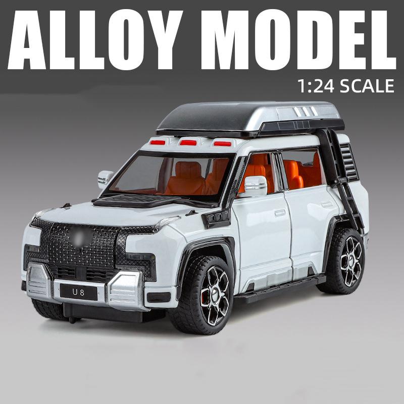 1:24 BYD U8 SUV Terrengkjøretøy Legering Mikrobil Støpt Metall Skalamodell Lyd og Lys Leketøy for Barn Gutt Samlerobjekter Ornamenter