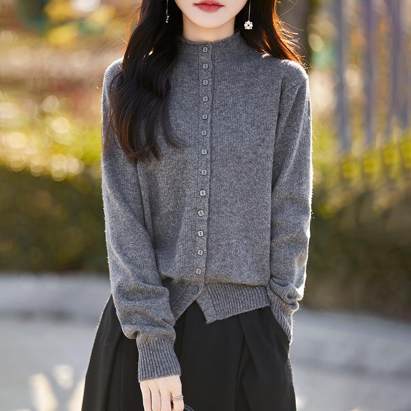 Autumn Winter Half High Collar Solid Single Breasted Cardigan Knitting Top Women Casual Fashion Sweater Coat