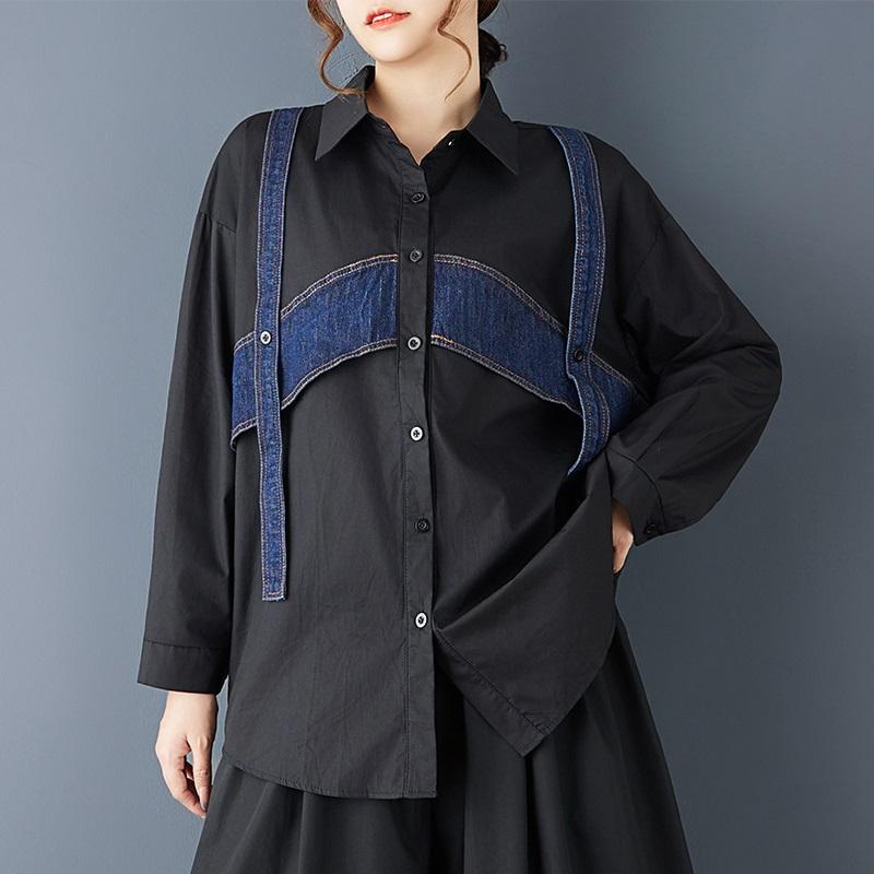 

рукав длинный плюс размер Повседневные Свободные Черные рубашки и блузки для блузки весна осень топы женщины рубашка на пуговицах