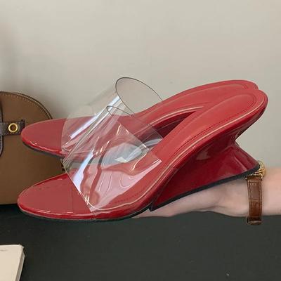 Modne przezroczyste PVC Okrągły nosek Otwarty nosek Damskie Klapki na koturnie Seksowne Czerwone Markowy Design Eleganckie Codzienne Damskie Klapki