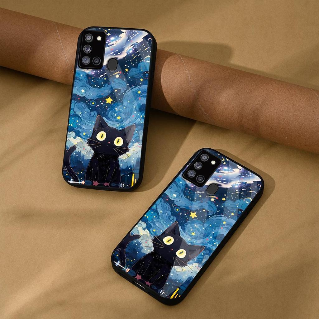 Case for Samsung Galaxy A21s Anime Black Cat Starry Cloud Print Phone Cover Acrylic Hard Back Shell With Flexible TPU Edge