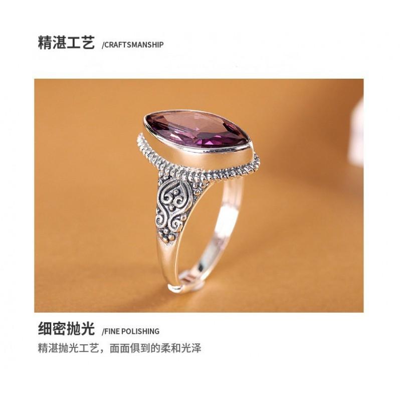 Adjustable Open Ring Women Men Vintage Copper With Purple Zircon Faceted Gemstone Heart Rhombus Design