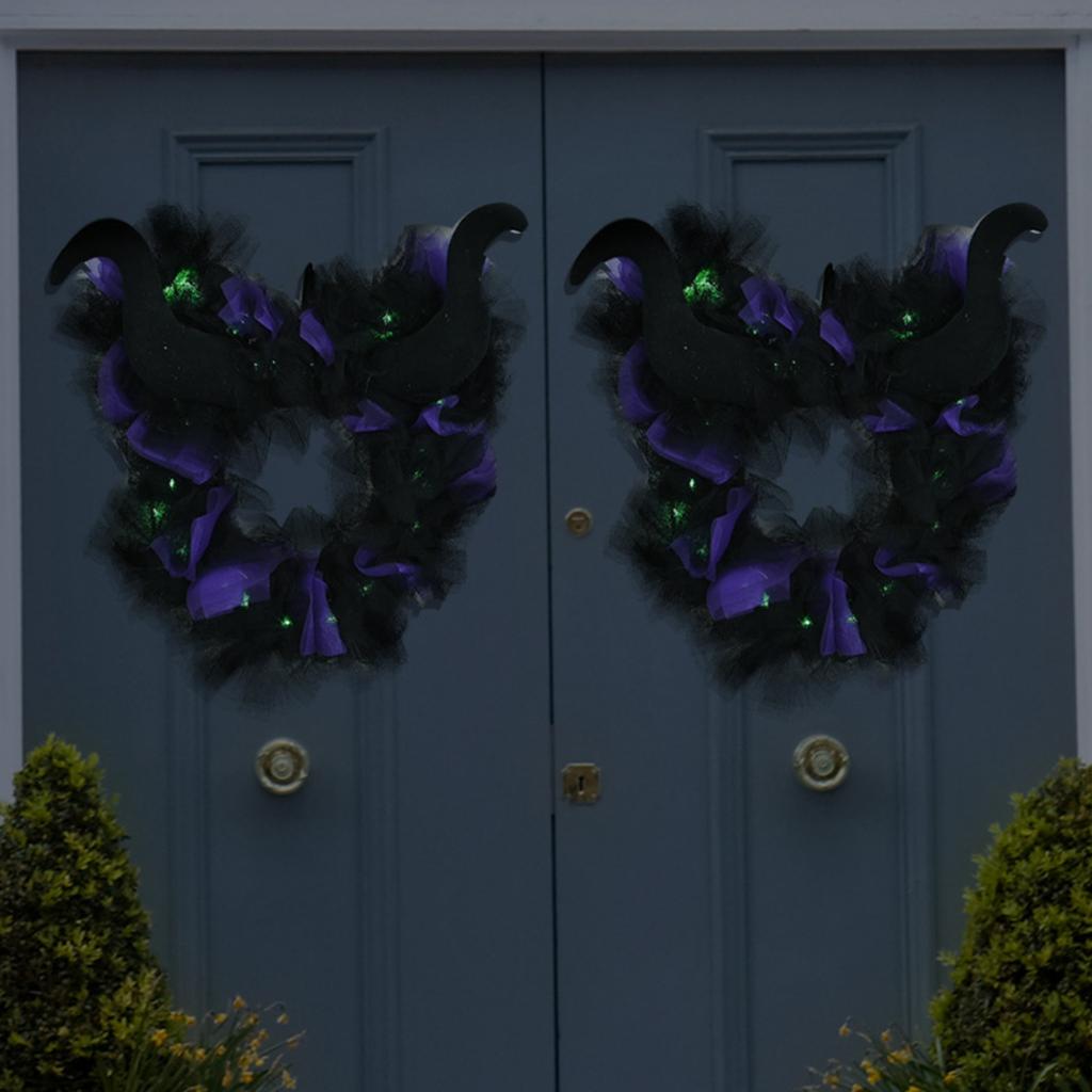 Halloween Black Purple Mesh Decoration Wreath LED Green Light Decoration Horn Funny Lintel Layout Pendant