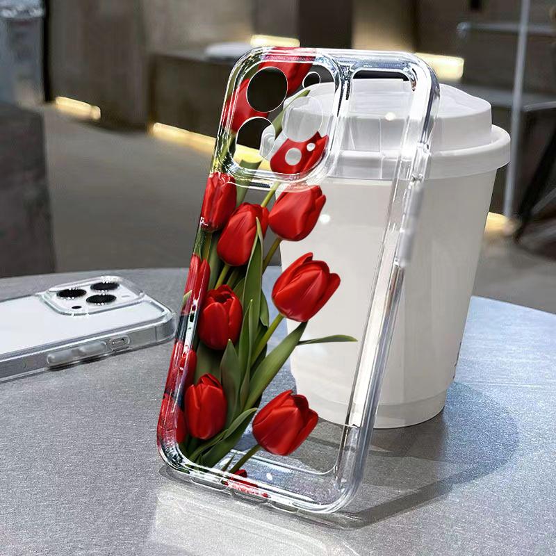 Aesthetic Red Tulip Bouquet Clear Phone Case for iPhone 17 16 Pro Max 15 Pro 14 13 12 11 16E X XR XS 7 8 Plus Protective Cover