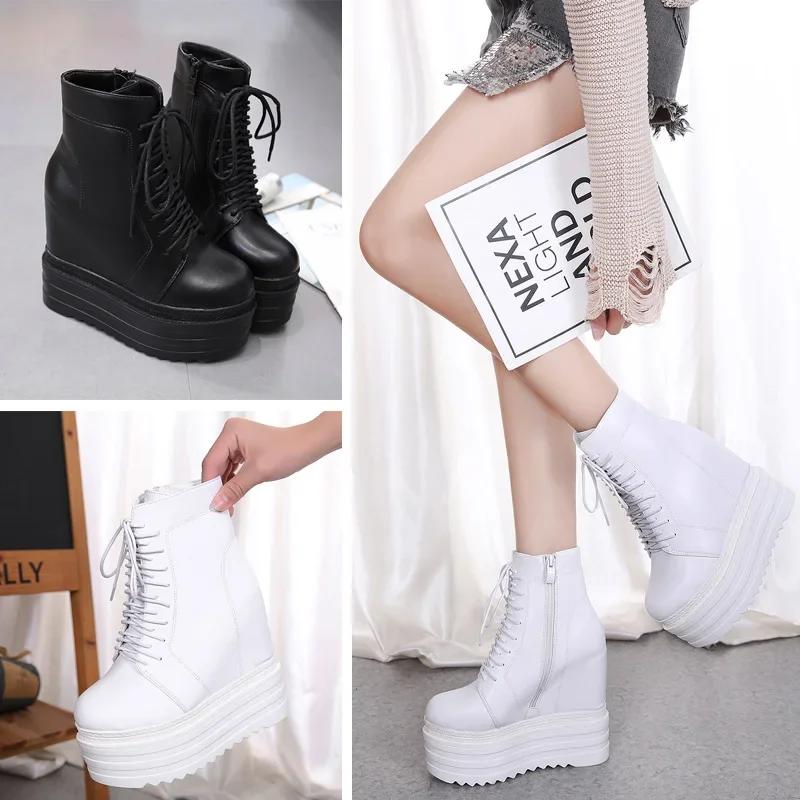 13.5CM Punk Style Wedges Ankle Boots Black Rubber Sole Shoes Platform Boots Women Lacing Autumn Sexy Lady Platform Heels Shoes