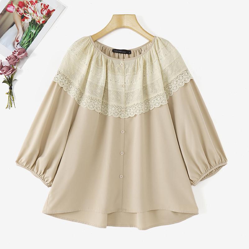 

ZANZEA Женские летние кружевные рубашки с круглым вырезом и рукавом 3/4