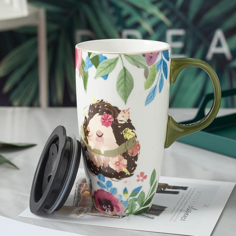 Creative Cartoon Ceramic Cup Large Capacity Drinking Cup with Lid Home Office Coffee Cup High value Couple Mug