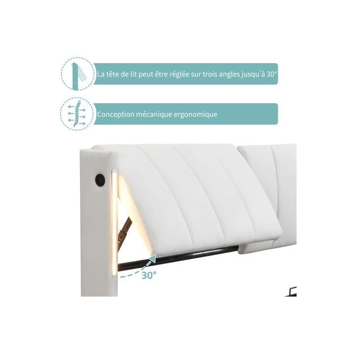 Lit capitonné Binaural LED, 140 x 190 cm, lit hydraulique avec ports USB rechargeables dans le lit, roulettes en PU, blanc