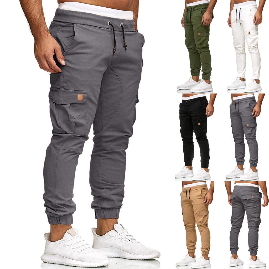 Men Sweatpants Casual Elastic Joggings Sport Solid Baggy Pockets Trousers