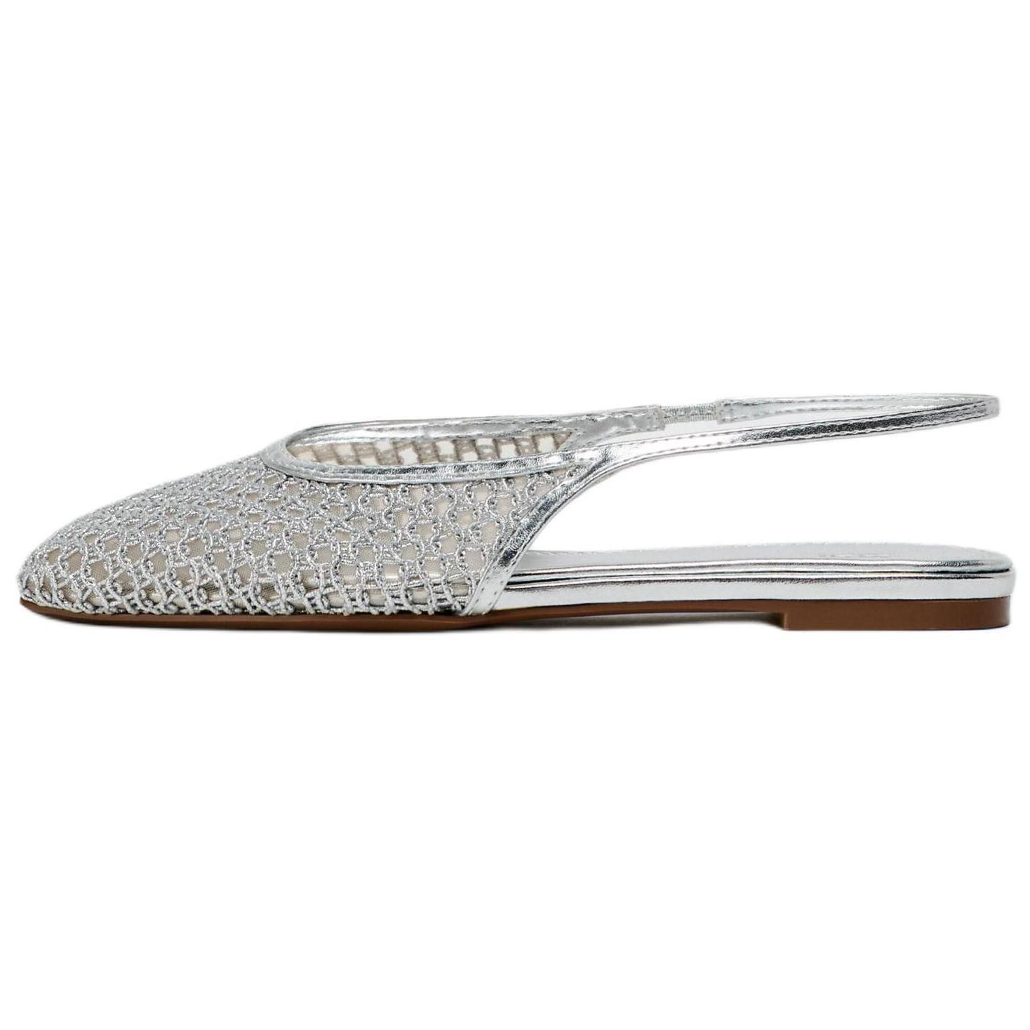 Zara Lightweight Open-Back Casual Flats 0.5cm Women Flats Silver 12829510808 36