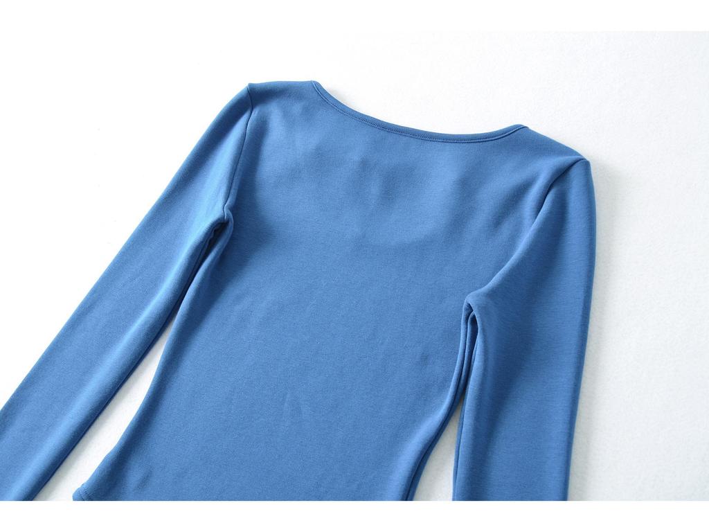 Spicy Girl Diamond Buckle Hollow U-Neck Plus Velvet Long-Sleeved Slim-Fit Top for Women - Stylish for Spring, Autumn & Winter