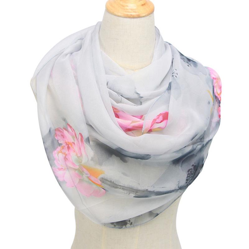 Fashion Women Ultra Thin Long Chiffon Flower Print Silk Scarves Spring Polyester Lotus Pattern Soft Sunscreen Shawl Scarf N49