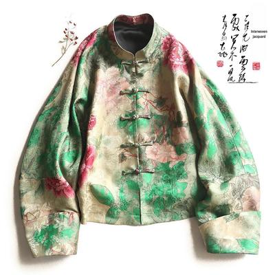 Yang Mi's Retro Chinese-Style Green Jacquard Jacket with High-Waist Black Skirt