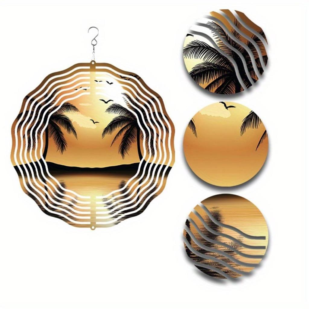 Double Coconut Tree Sunset Reflection Wind Chime with 360 Hook Metal Garden Decor for Outdoor Balcony Lawn Spring Summer Fall Winter