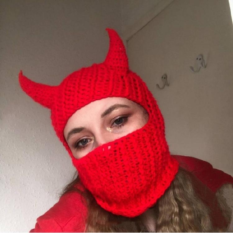 Knit Balaclava Cap Adult Novelty Beanie Hat with Devil Horns Fashion Winter Hat