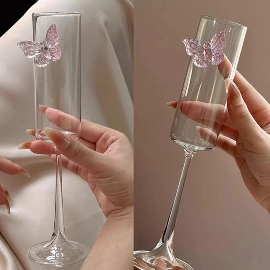 Yousheng Wine Glass Champagne Flutes with 3D Pink Butterfly Decoration Faux Crystal Glass Wedding Party Anniversary Wine Glasses