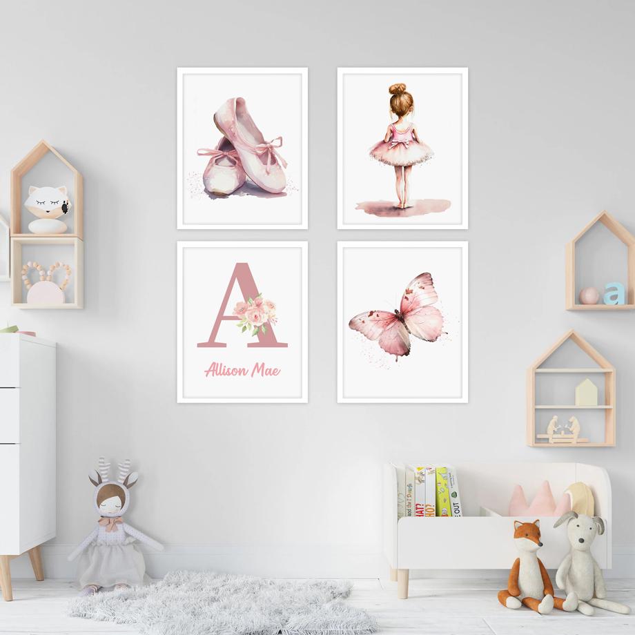 Pink Name Custom Ballerina Girl Sun Rainbow Butterfly Wall Art Canvas Painting Posters And Prints Pictures For Kids Room Decor