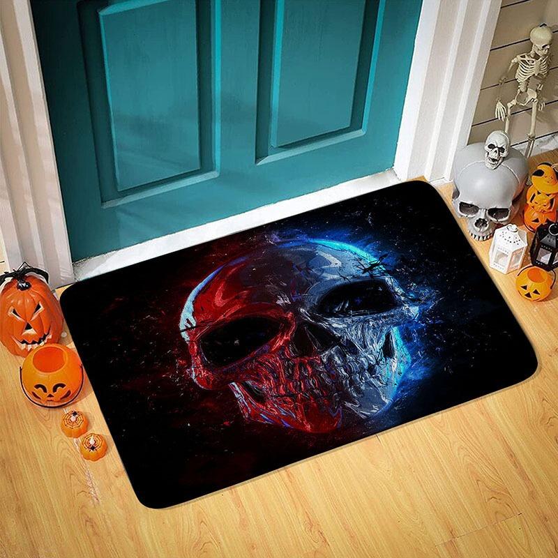 Halloween Themed Door Mat with Pumpkin Skull Reaper Pattern Non Slip Absorbent Outdoor Indoor Welcome Mat for Home Decor