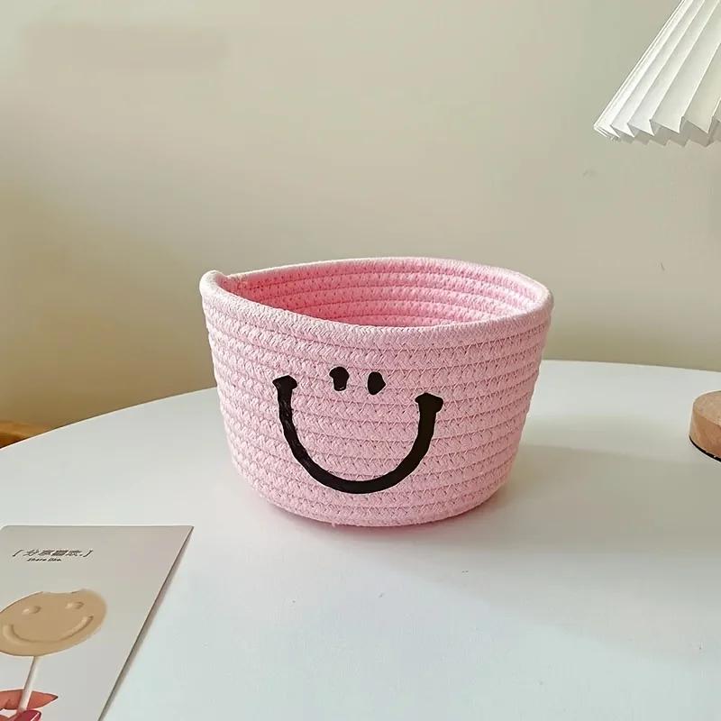Charming Smile Woven Storage Basket - Compact Organizer for Cosmetics, Brushes & Pens - Ideal for Desk, Office, Dorm Decor