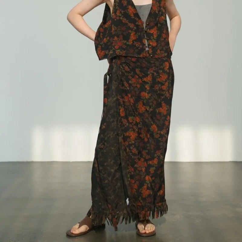 Johnature Dámské sukně s bandáží v čínském stylu s jarním květinovým potiskem vysoké kvality pro ženy Vintage střapce A-Line