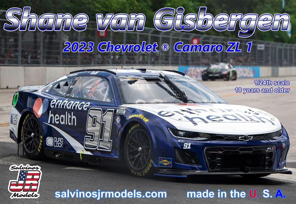 Salvinos Jr Models 2023 Chevrolet Camaro ZL1 Trackhouse Racing Shane Van Gisbergen Enhanced Health Plastic Model SJMTHC2023SVG 1/24 No.91