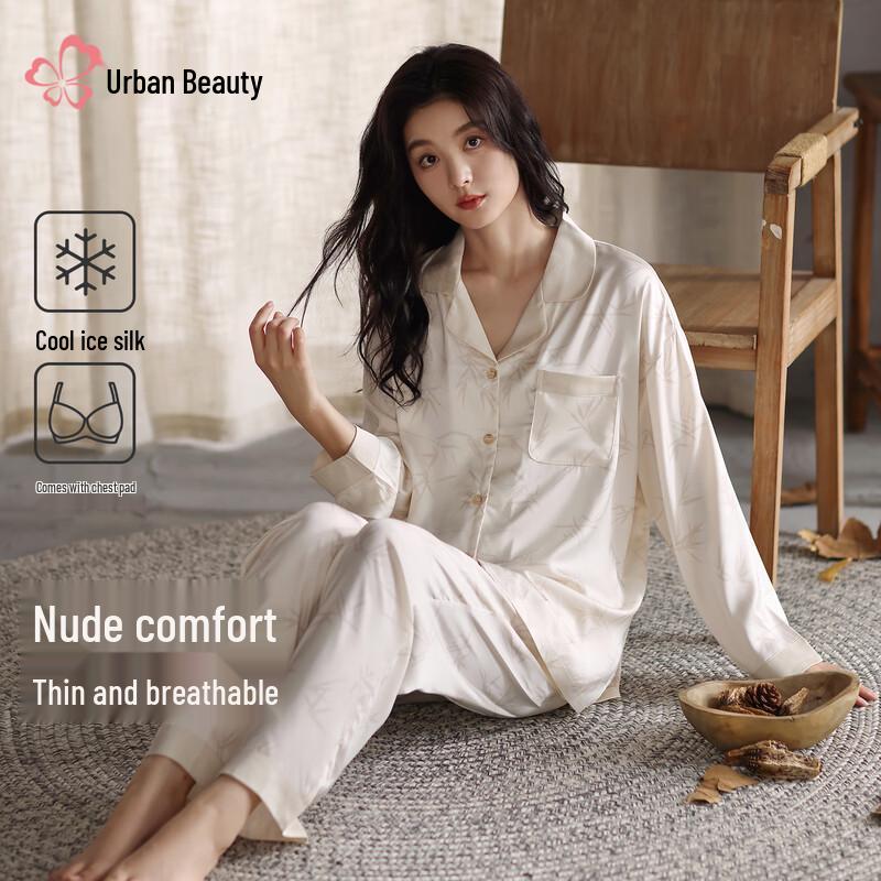 Women s Ice Silk Long-Sleeve Pajama Set with Chest Pads XL