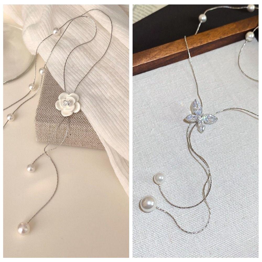 Flower Butterfly Necklace Metal Chain Tassel Collarbone Chain Sweater Chain Pearl Choker  Women