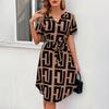 V-Neck Summer A-Line Plaid Dress Women High Waist Slim Fit Short Sleeve Casual Comfortable Flowing Mid Length Belt S-XL Vacation Seaside Dress