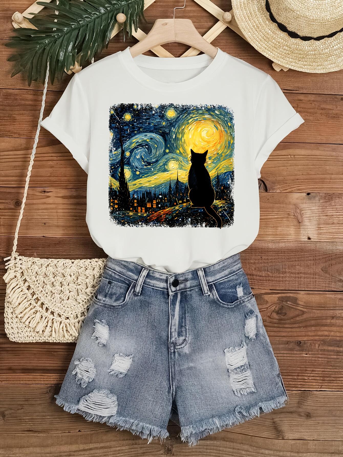 

Women s Van Gogh Starry Night Cat Art Print T-Shirt - Black Short Sleeve Crew Neck Casual Top Cat Tshirt Summer Fashion S