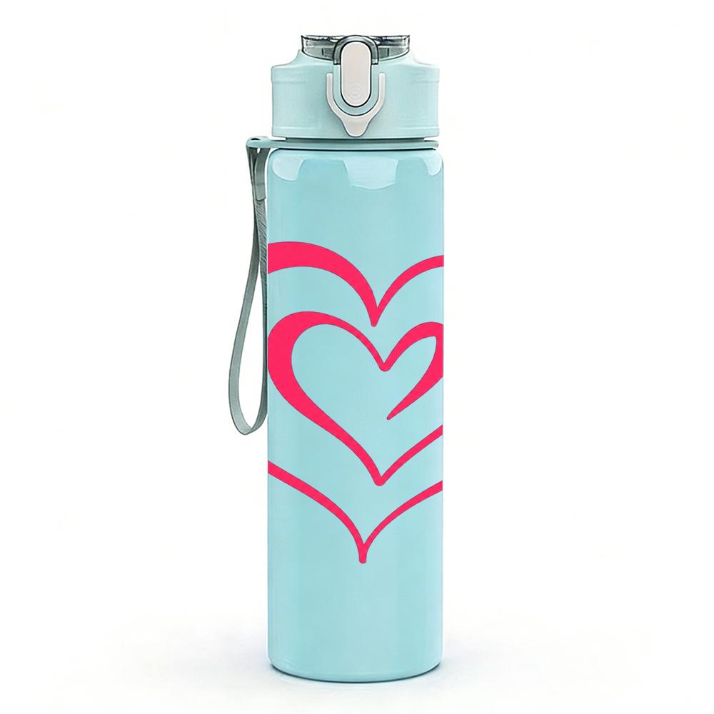 1PC Double Outline Pink Heart 750ml Color Plastic Sports Water Bottle Leakproof Flip Straw Lid Suitable for Sports Office Home Use