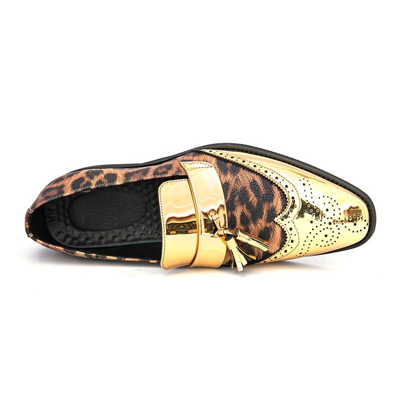 Fashion New Gold Silver Leopard Patchwork Tassel Patent Leather Brogues Shoes For Men Party Wedding Prom Flats Zapatillas Hombre