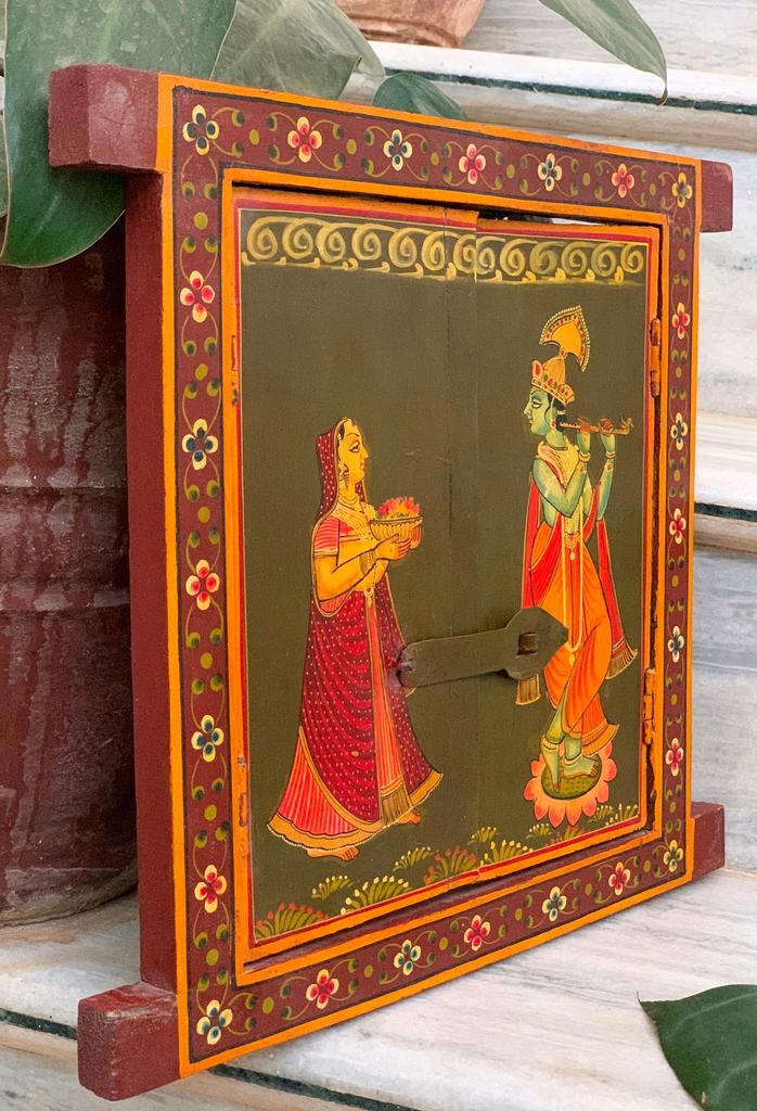 Handmade Radha Krishna Painting: Vintage Wooden Window Wall Decor
