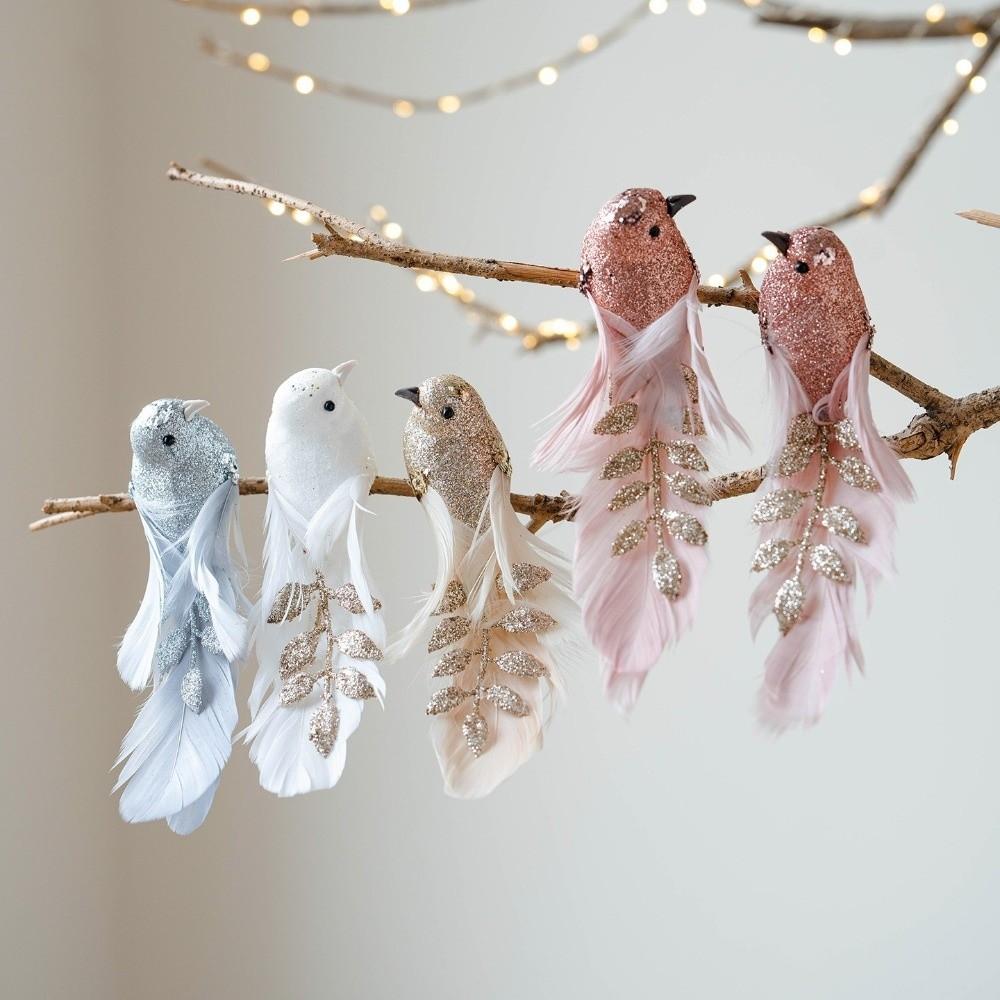 1pair Long Feather Tail Artificial Bird Ornament Glitter Finish Feather Bird Pendant Christmas Tree