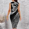 Women Plus Size Crew Neck Sleeveless Midi Dress Black Silver Glitter Butterfly Shimmer Dot Print Bodycon Dress