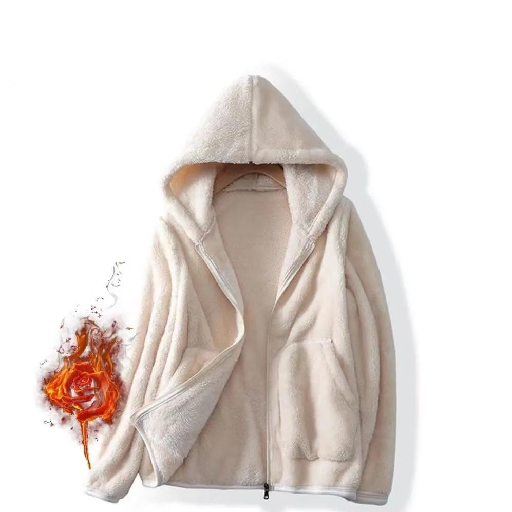 Women Autumn Winter Casual Loose Hooded Fleece Jacket Long Sleeve Zipper Simple Warm Sportswear