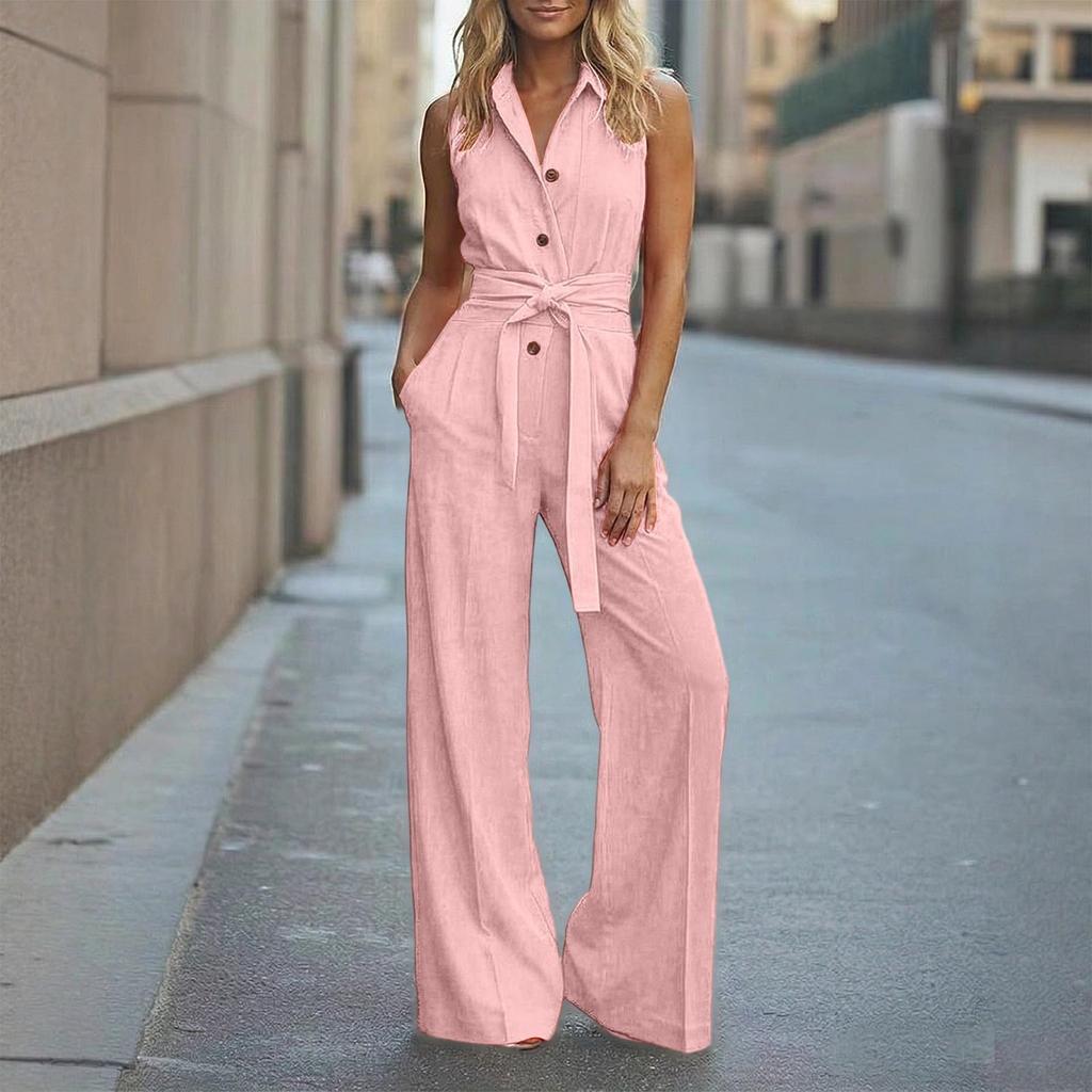 Sleeveless Jumpsuit with Button Front and Waist Tie Wide Leg Pants Casual One Piece Romper for Women