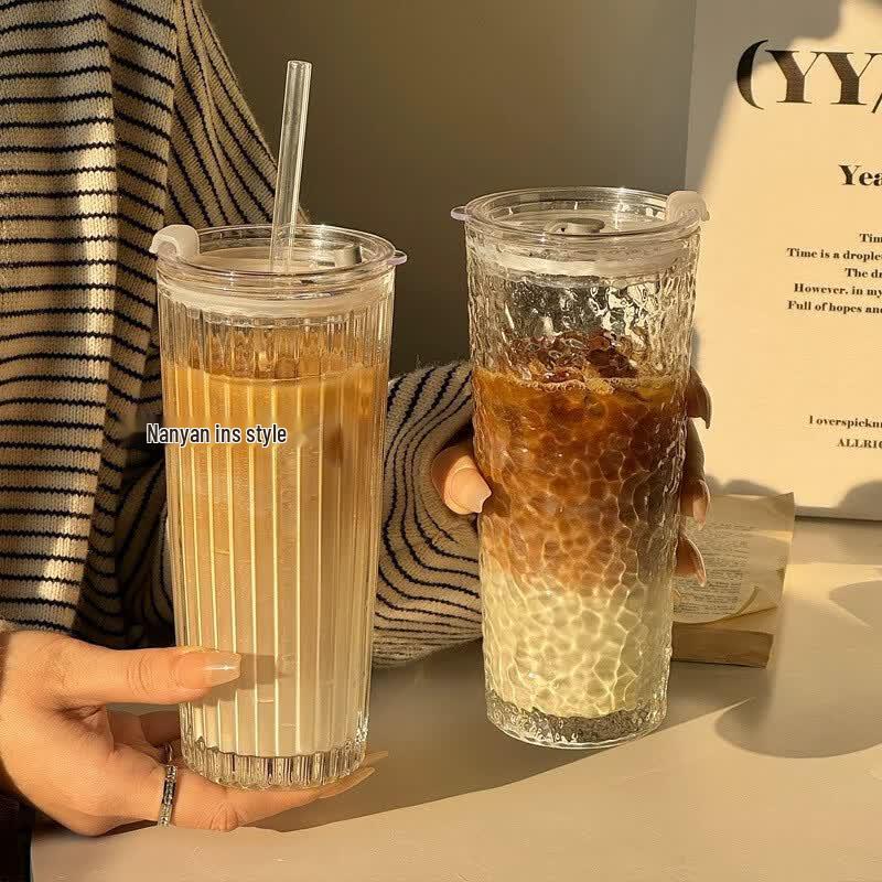 Youluo Transparent Borosilicate Glass Cup with Lid & Straw