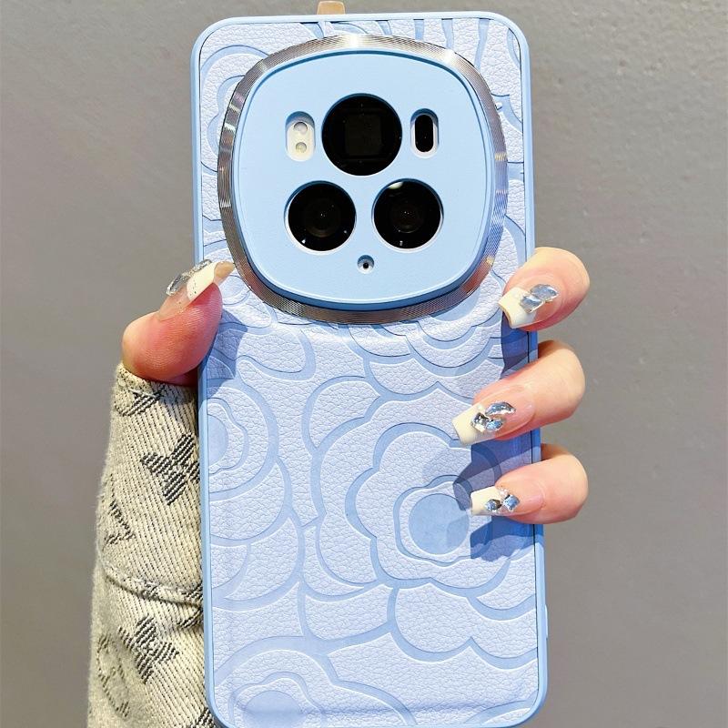 Kameliendesign aus Leder Geeignet für Honor Magic6 Handyhülle Kleiner Duftstil Metall-Objektivring Mate60 Schutzhülle Hart