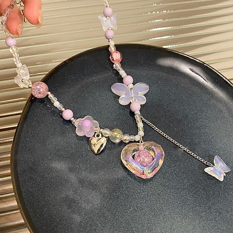 Y2K Heart Butterfly Přívěsek Choker náhrdelník Barevný korálkový řetízek klíční kosti pro ženy Dívka Punk Sladký estetický párty šperk