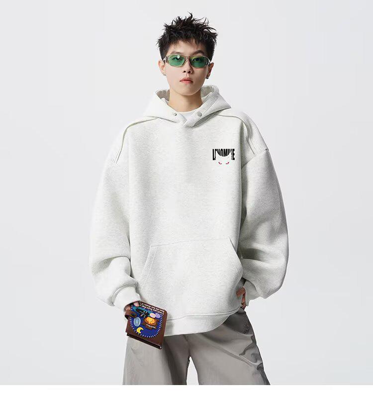 Men's Autumn Black Demon Cat Print Heavyweight Loose Fit Hoodie