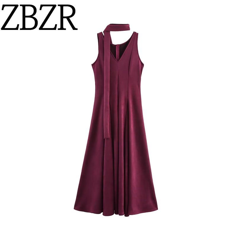 Counter Same Zbzr Autumn New Women Clothes European and American Fashion Design Ribbon Sleeveless V-neck Big Hemline Dress