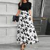 Women's Fashionable Casual Belt Short Sleeved Round Neck Print Elegant Temperament Dress