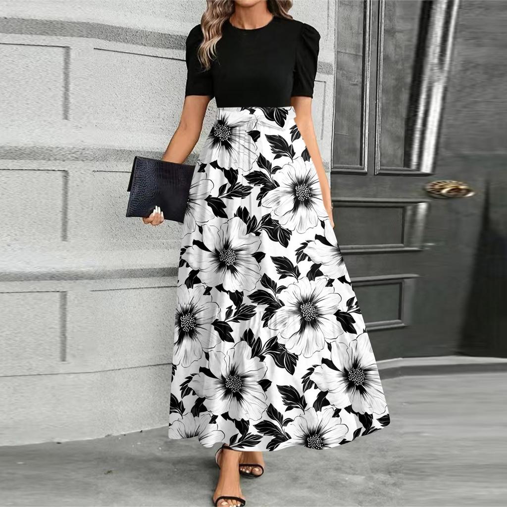 Women's Fashionable Casual Belt Short Sleeved Round Neck Print Elegant Temperament Dress