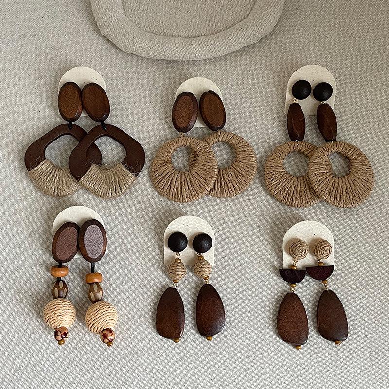Bohemian Retro Straw Woven Wooden Stud Earrings Collection: Vacation Style Fashion Trend Jewelry