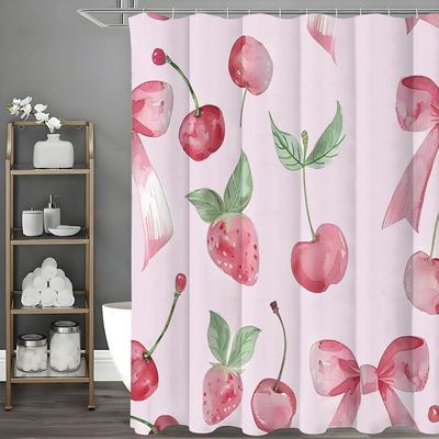 Cortina de Chuveiro Rosa com Laço de Cereja e Morango, Cortina de Chuveiro Decorativa para Banheiro, Cortina de Chuveiro Impermeável com Ganchos