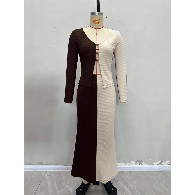 

Fashion Wind Fashion Casual Color-Block V Neck Tops Skirt Suit Lace up Top and Skirt Set Apricot Brown XL