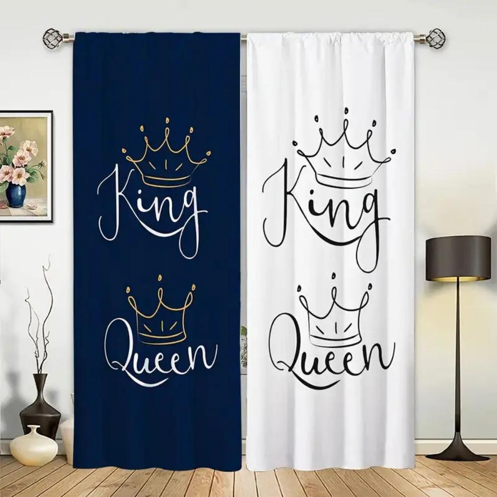 Simple King and Queen Crown Print Window Curtains, Black and White Color, Creative, Bedroom, Living Room, Kitchen