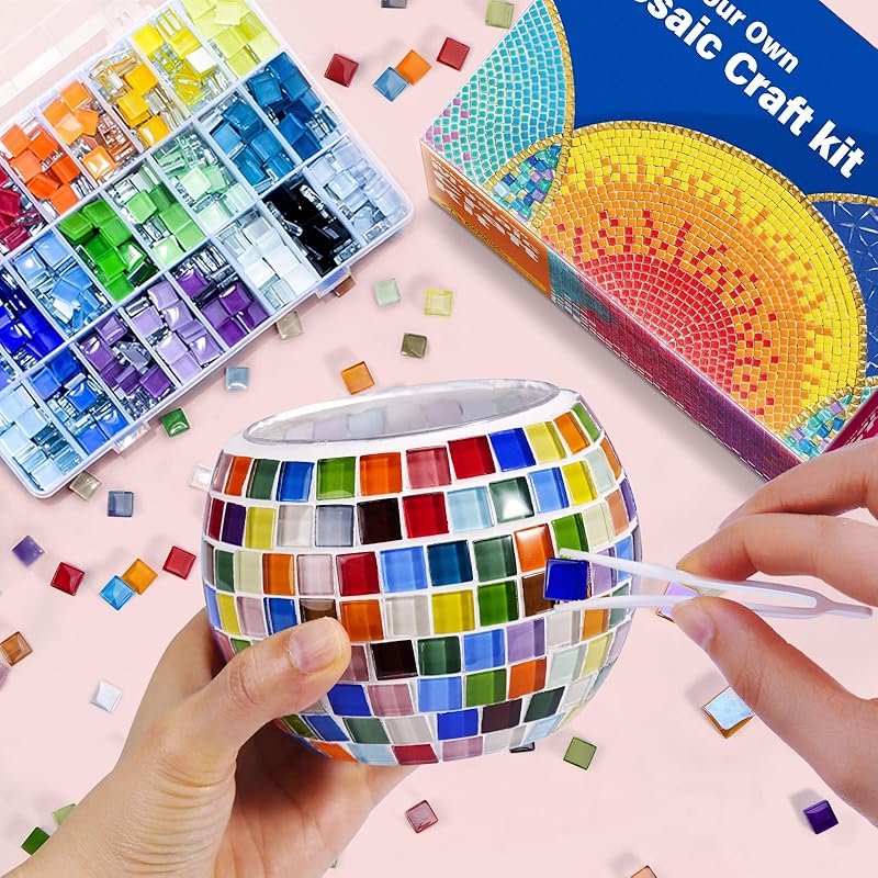 Glass Mosaic Candle Holder Kit – DIY Mosaic Kits for Adults & Crafts for Girls 8-12 – Arts and Crafts for Kids, Tealight Candle Holder for Home Style B