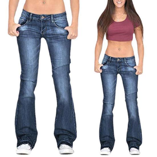 Jeans De Mujer Bolsillos De Cintura Media Cierre De Botón Con Cremallera Elástico Color Degradado Dobladillo Acampanado Retro Slim Fit Colorfast Pantalones Largos De Mujer De Cuerpo Entero