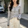 Classic European and American Gray and White Striped Half Open V-neck Long Sleeved T-shirt